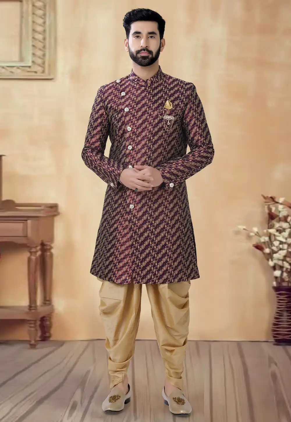 Maroon Jacquard Dhoti Sherwani 292423