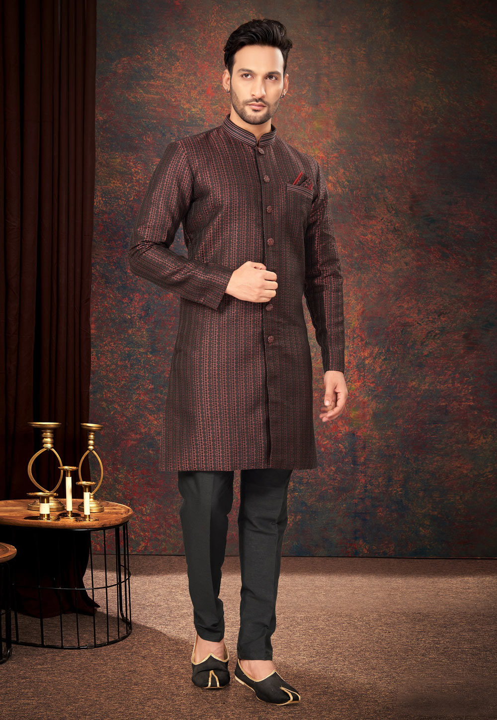 Maroon Jacquard Indo Western Suit 284001