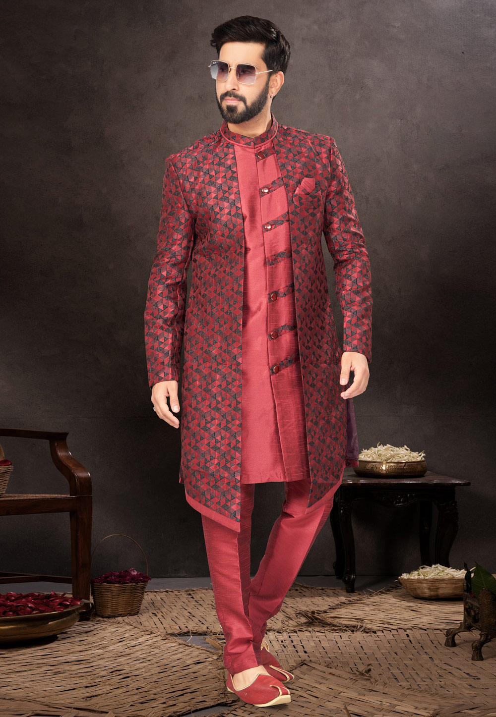 Maroon Jacquard Indo Western Suit 283981