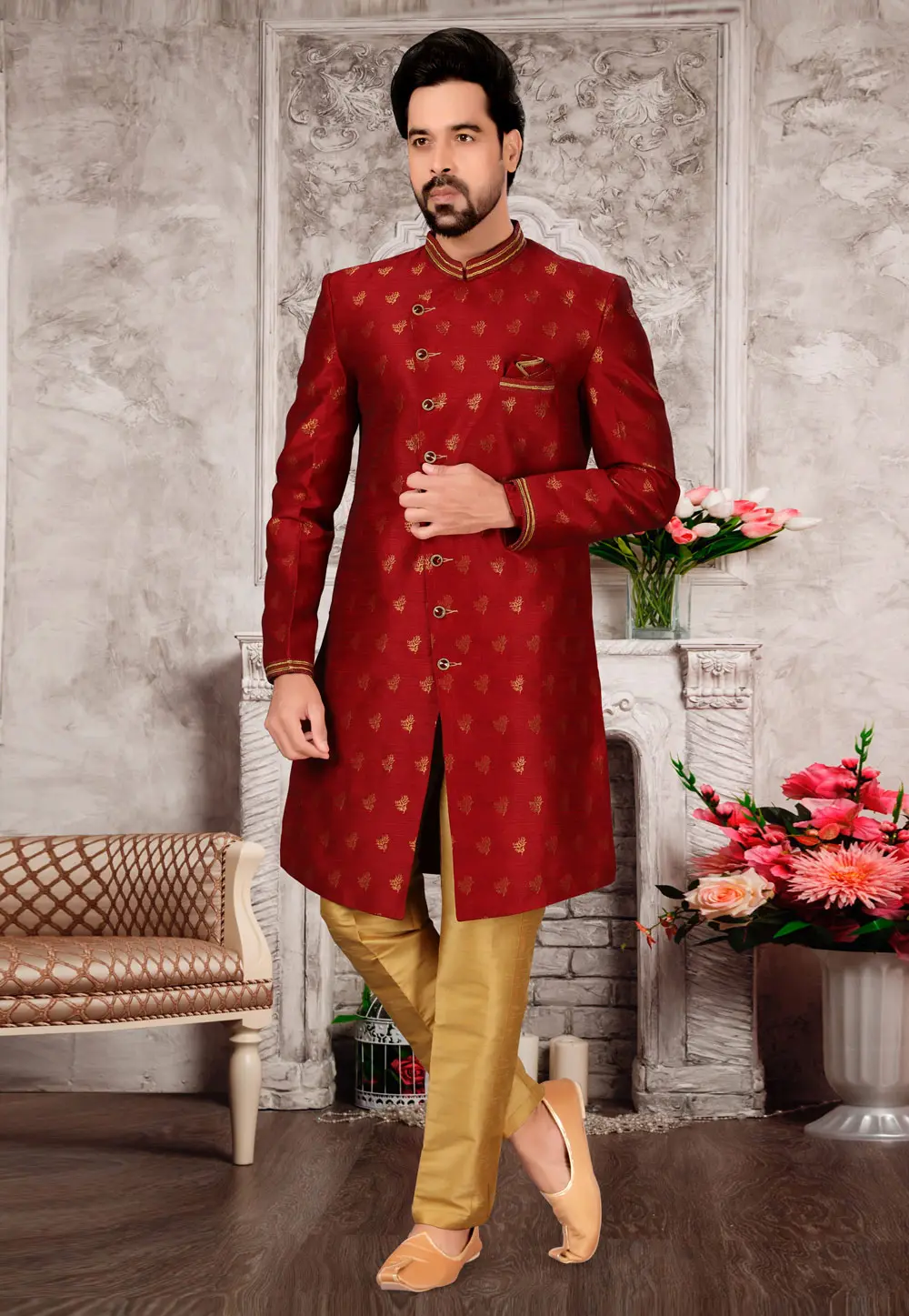 Maroon Jacquard Indo Western Suit 302945