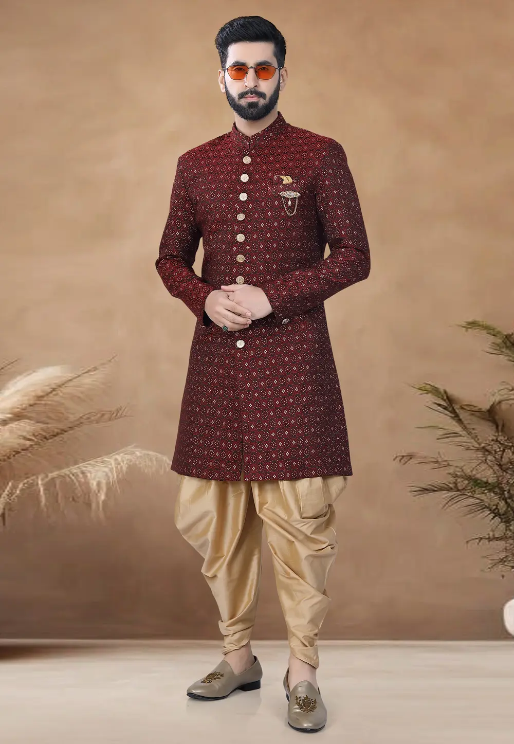 Maroon Jacquard Indo Western Suit 298599