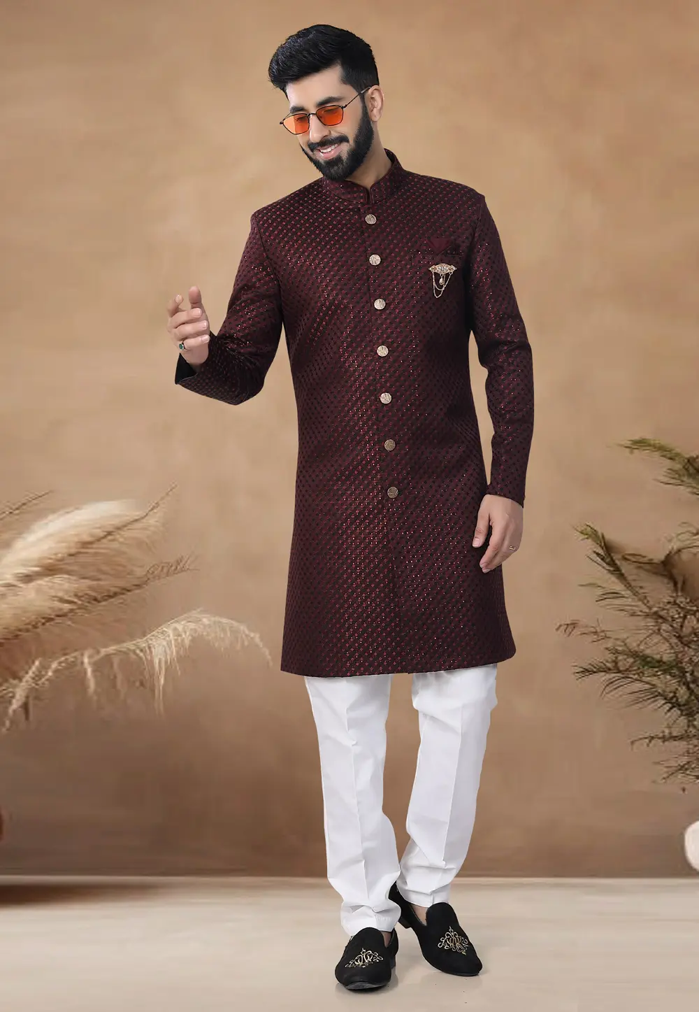 Maroon Jacquard Indo Western Suit 298808