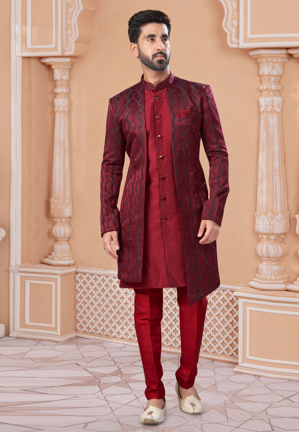 Maroon Jacquard Jacket Style Sherwani 282237