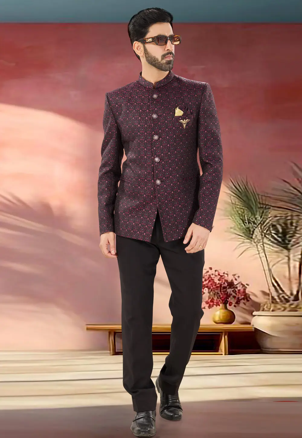 Maroon Jacquard Jodhpuri Suit 302179