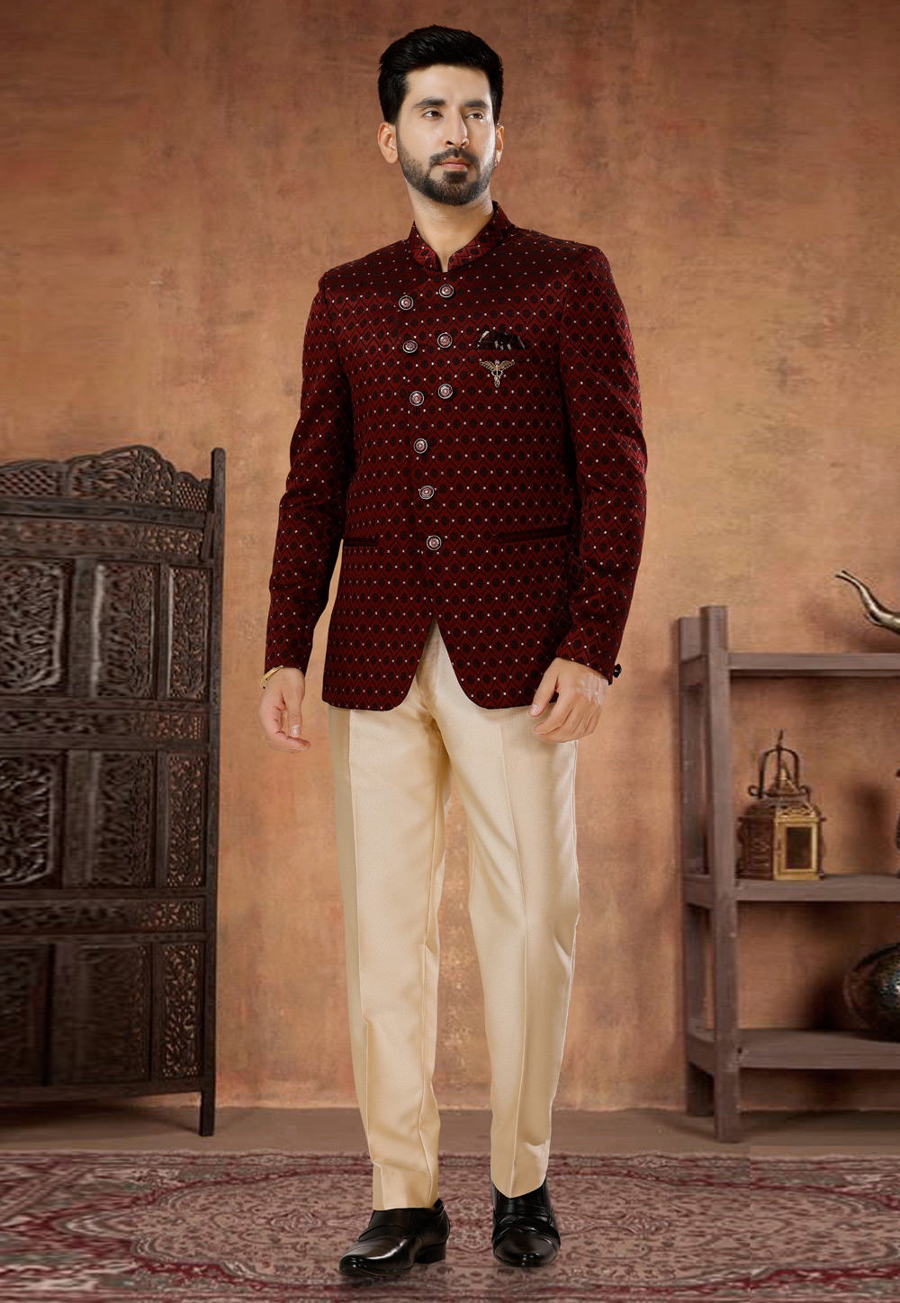 Maroon Jacquard Jodhpuri Suit 282990