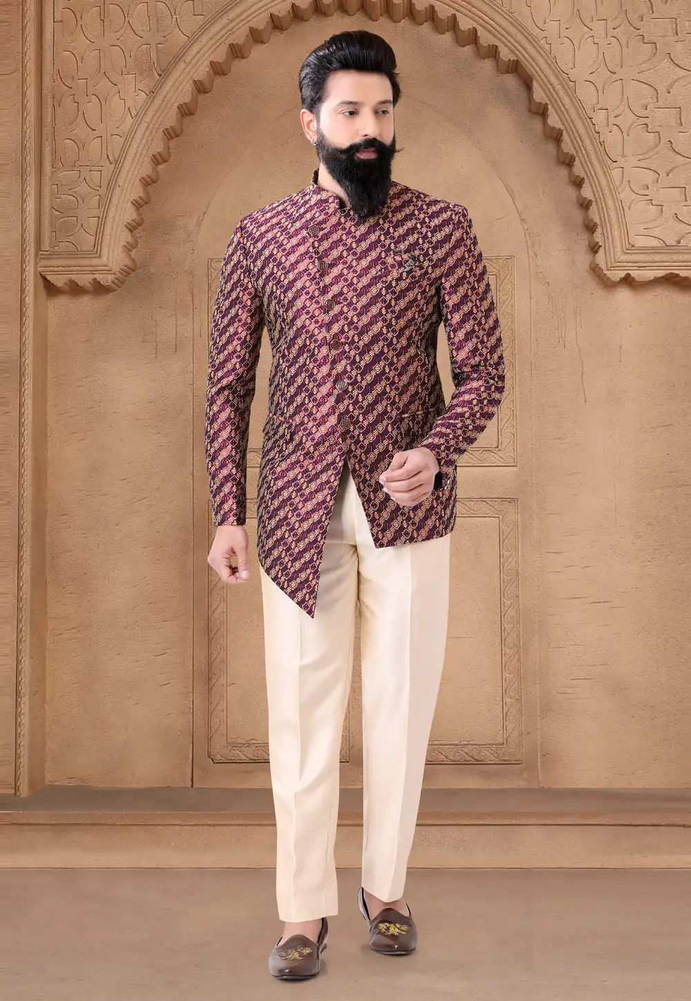 Maroon Jacquard Jodhpuri Suit 287917