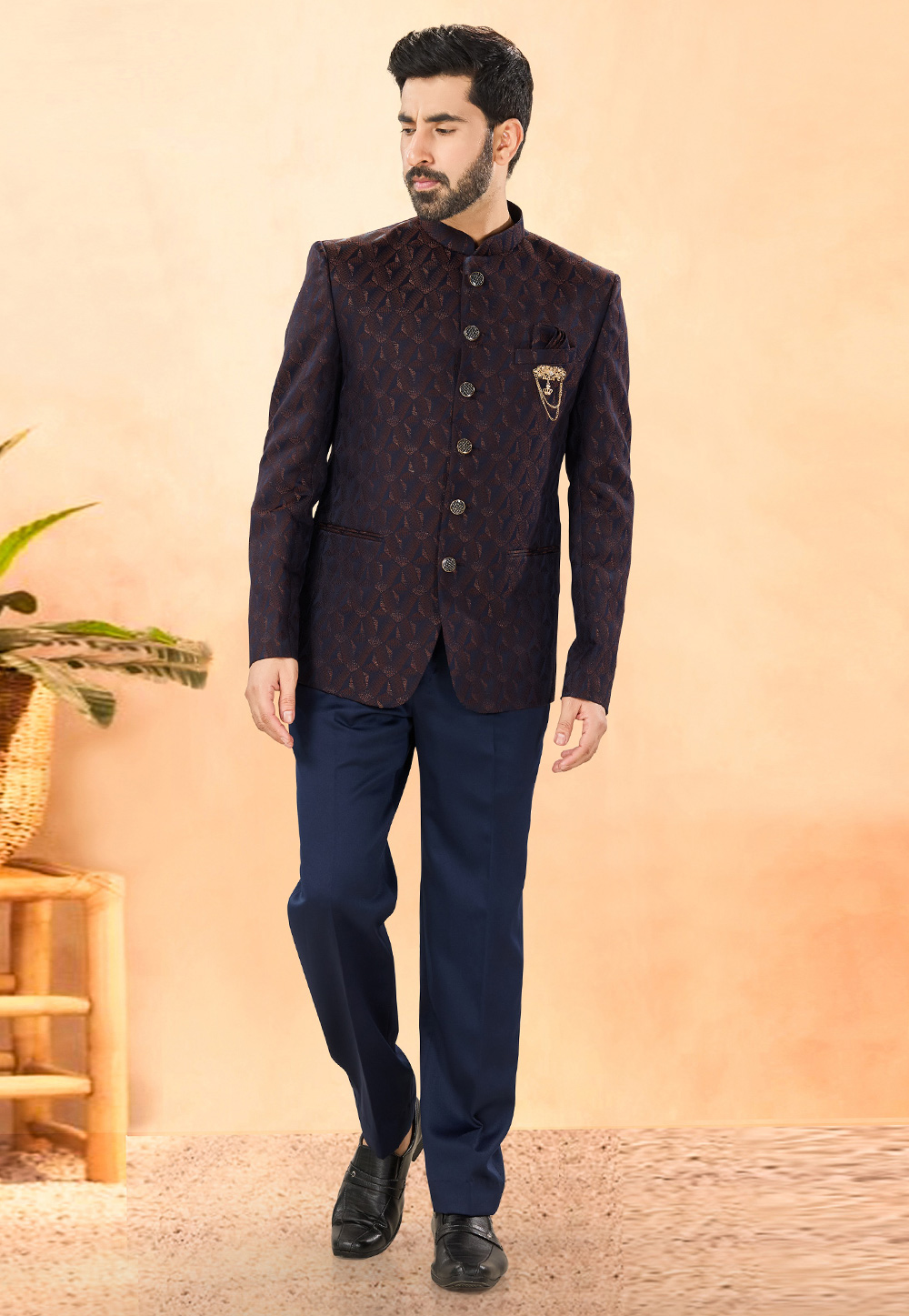 Maroon Jacquard Jodhpuri Suit 306150