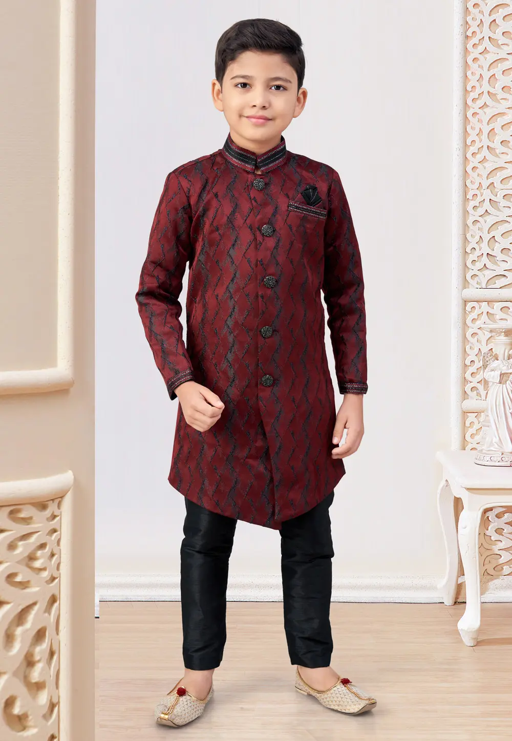 Maroon Jacquard Kids Indo Western Sherwani 303774