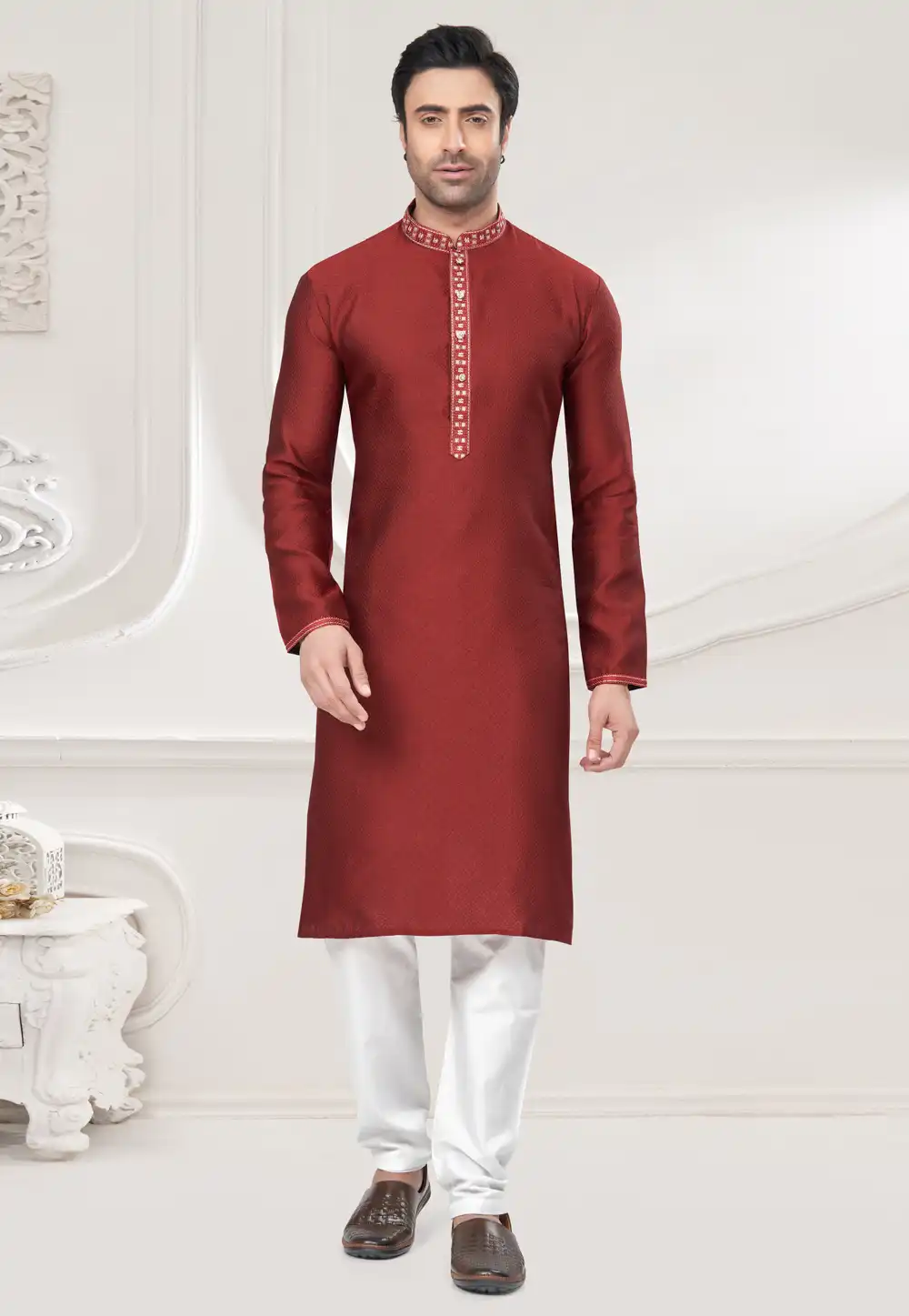 Maroon Jacquard Kurta Pajama 293755