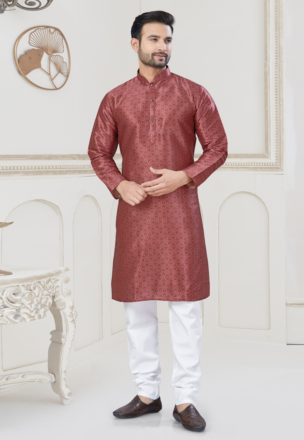 Maroon Jacquard Kurta Pajama 304903