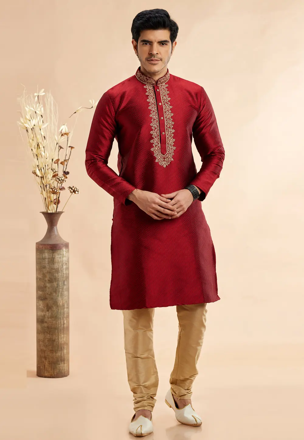 Maroon Jacquard Kurta Pajama 297505