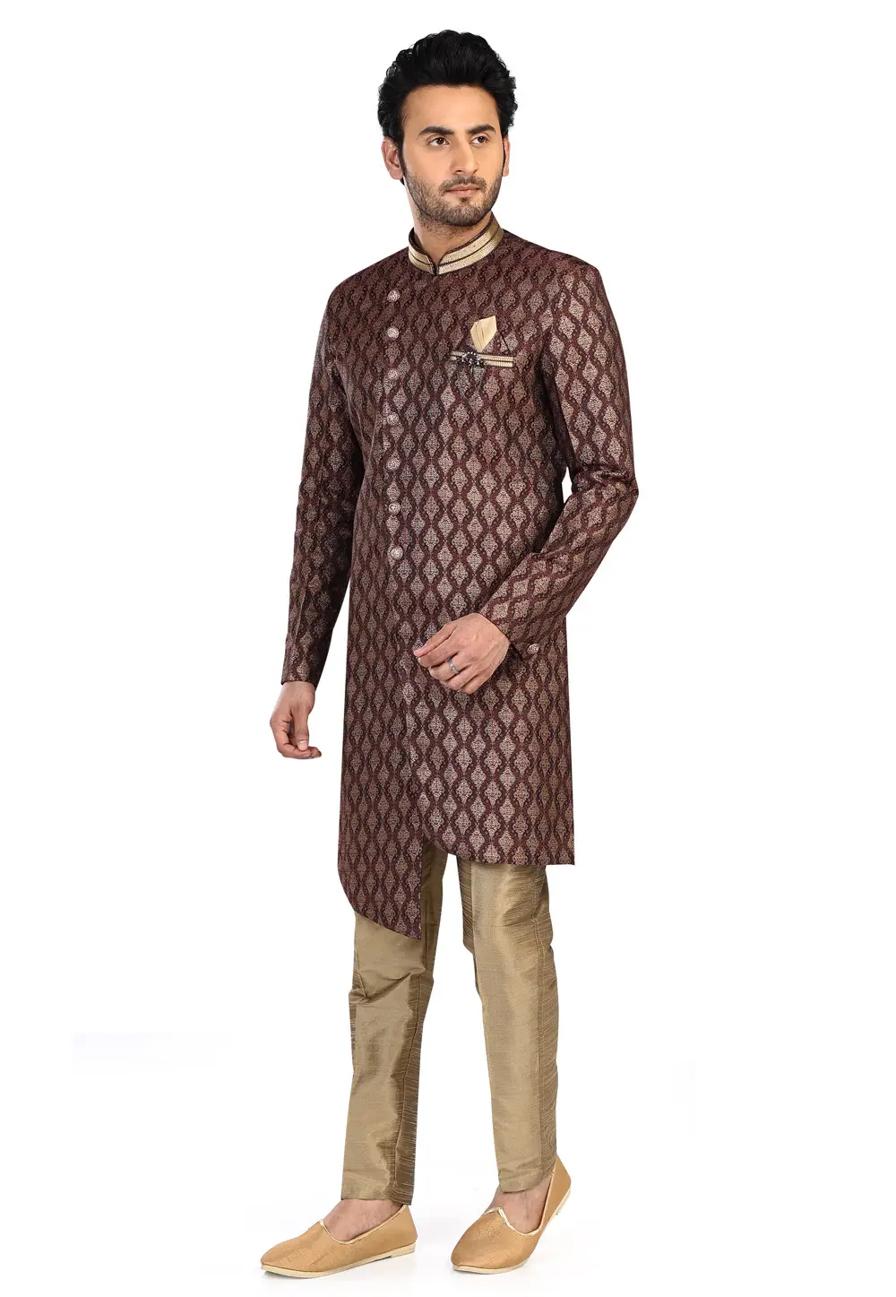 Maroon Jacquard Silk Indo Western Suit 295287