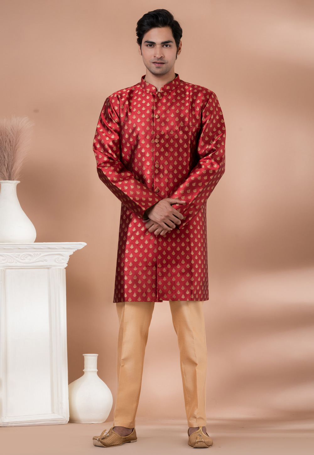 Maroon Jacquard Silk Indo Western Suit 283140