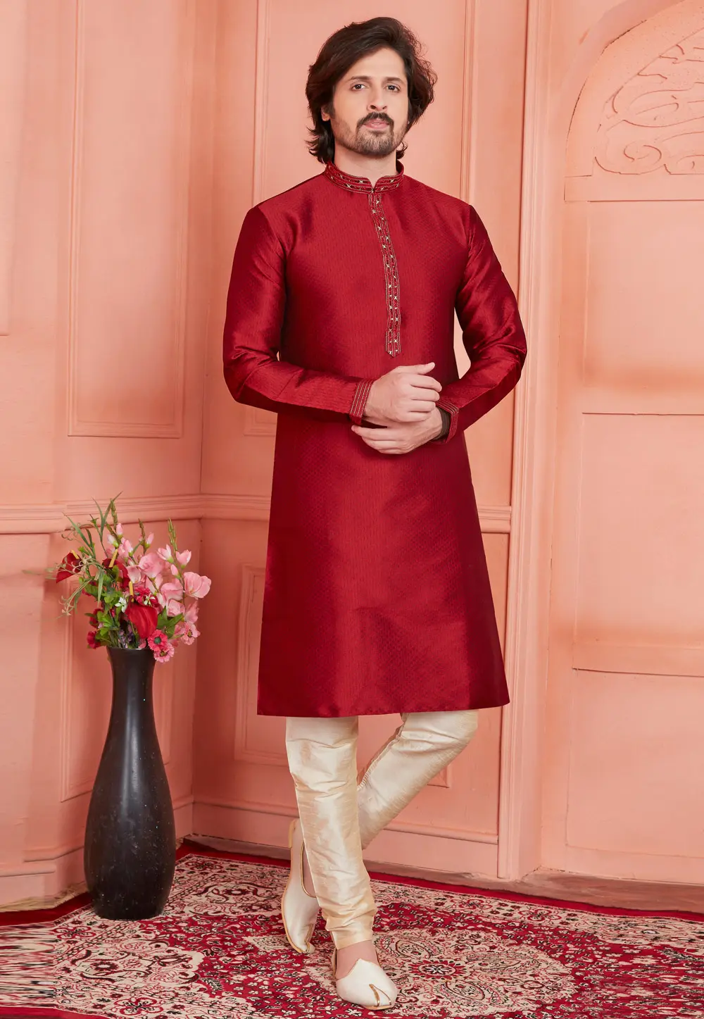 Maroon Jacquard Silk Kurta Pajama 304296