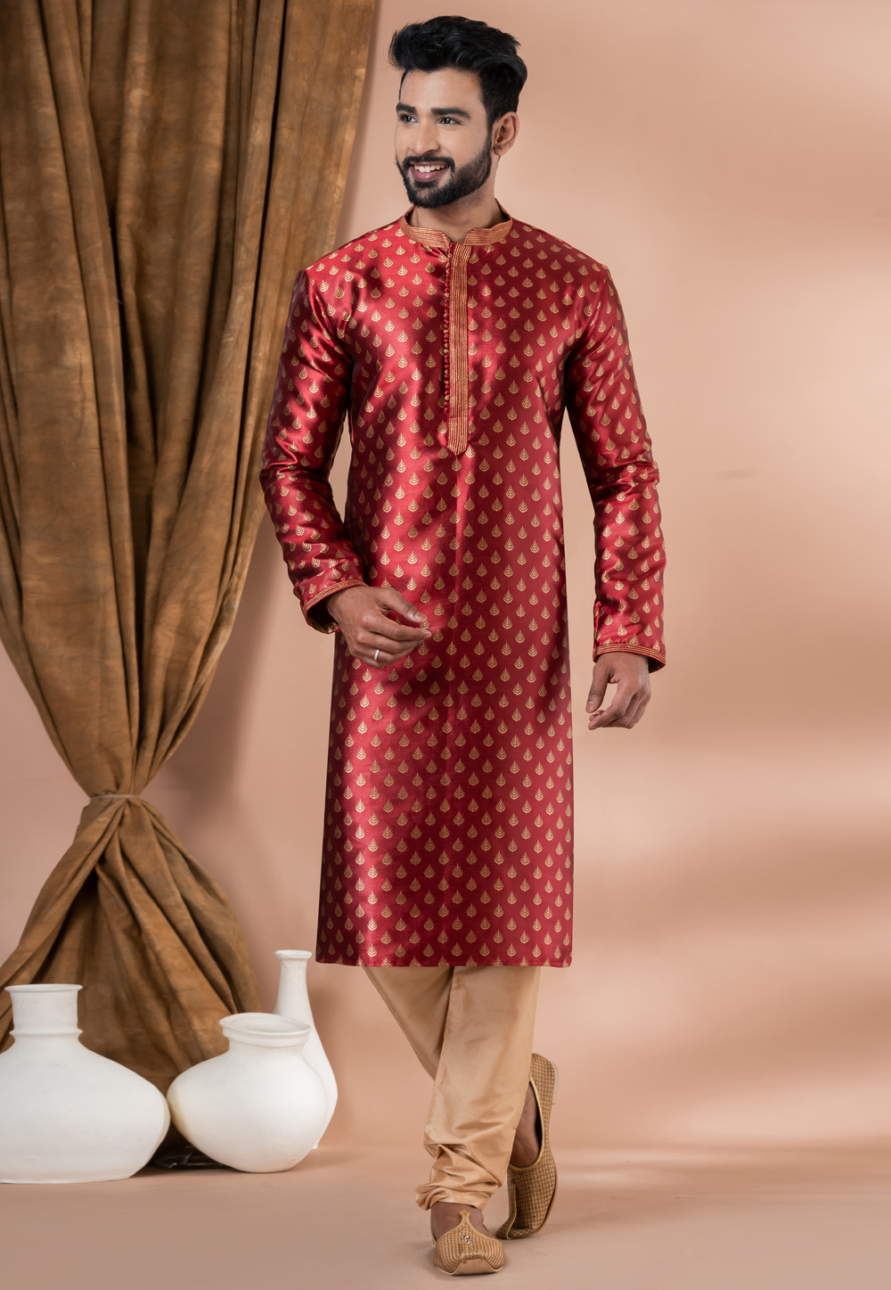 Maroon Jacquard Silk Kurta Pajama 283375