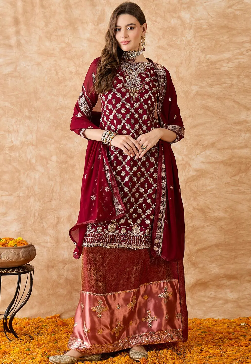 Maroon Jacquard Silk Long Choli Lehenga 301596