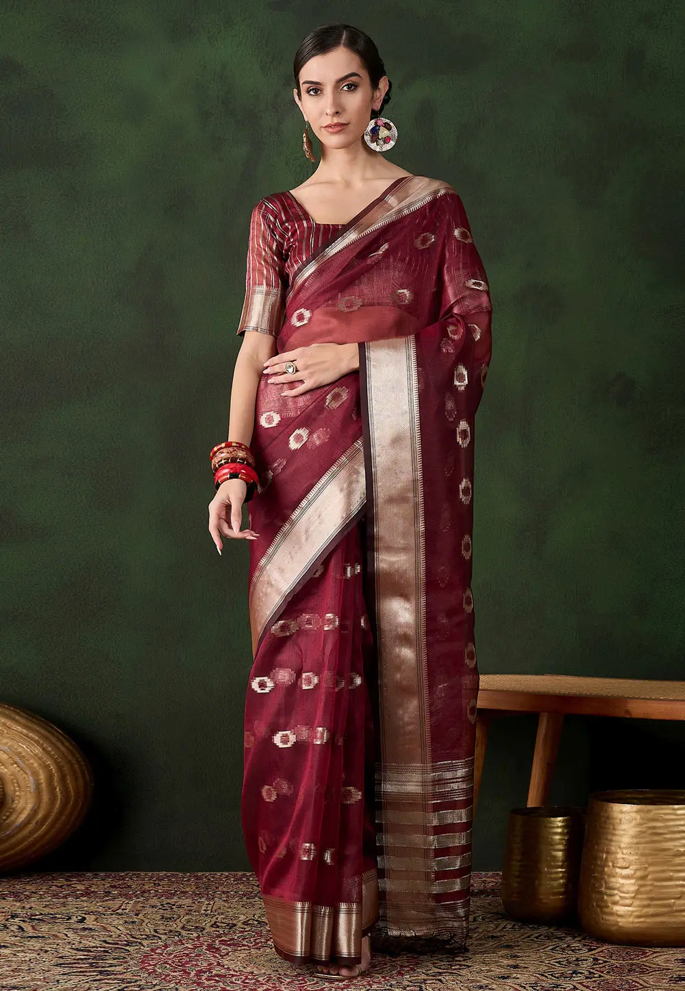 Maroon Khadi Saree With Blouse 299225