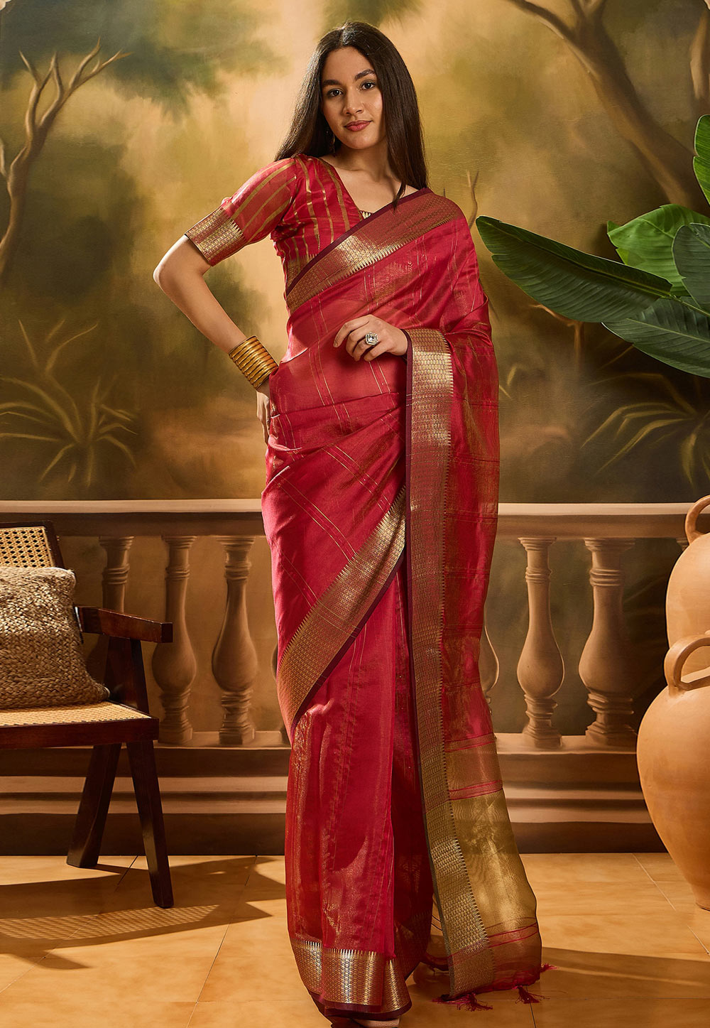 Maroon Khadi Saree With Blouse 309141