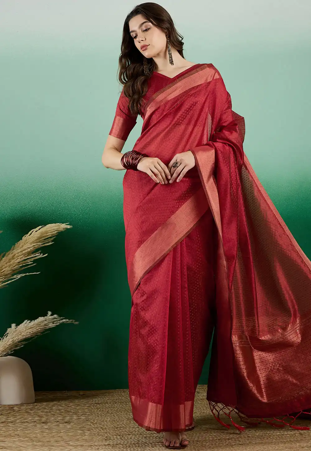 Maroon Khadi Saree With Blouse 290227