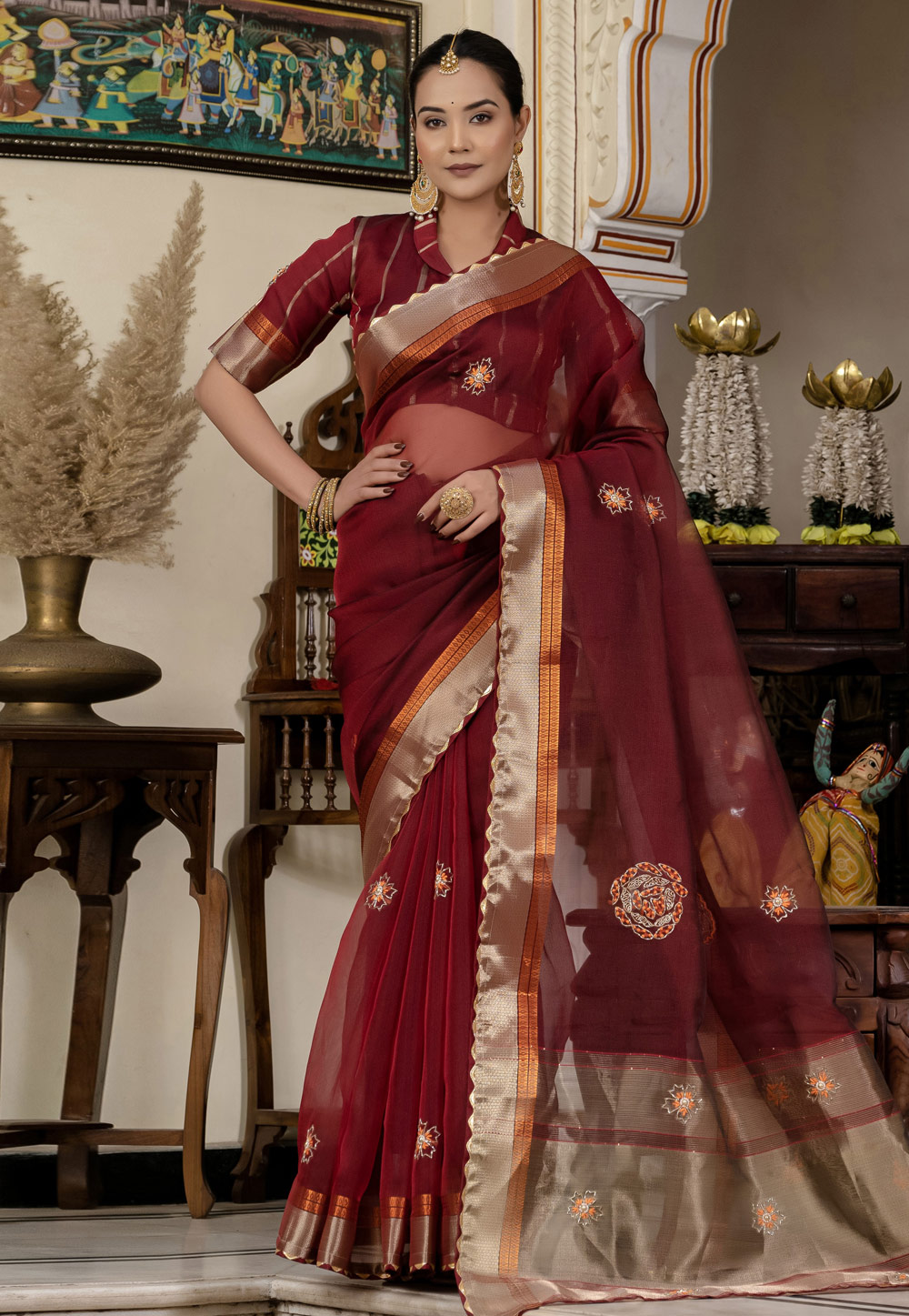 Maroon Linen Saree With Blouse 310013