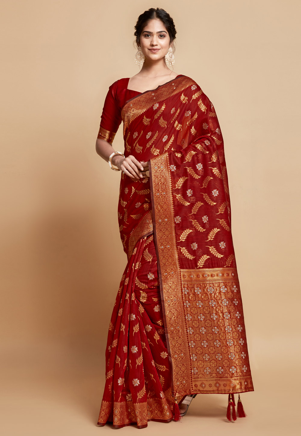 Maroon Linen Saree With Blouse 279772