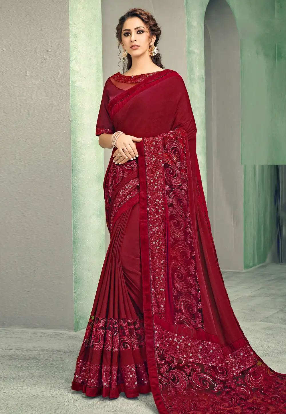 Maroon Lycra Designer Saree 291781