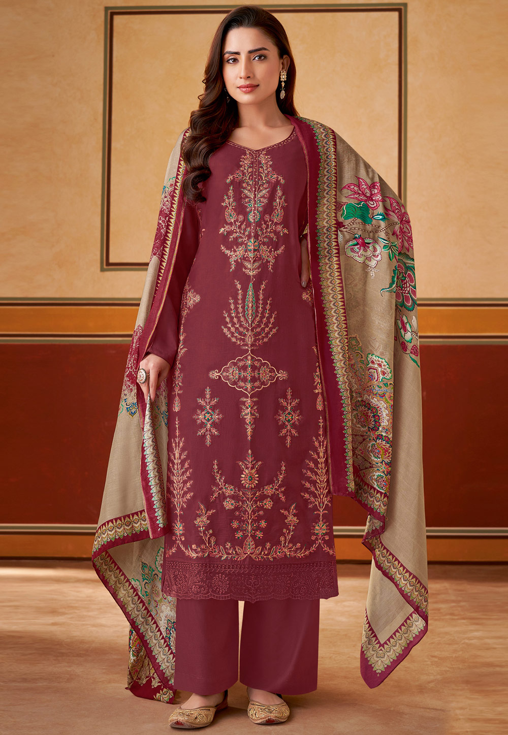 Maroon Muslin Palazzo Suit 310166