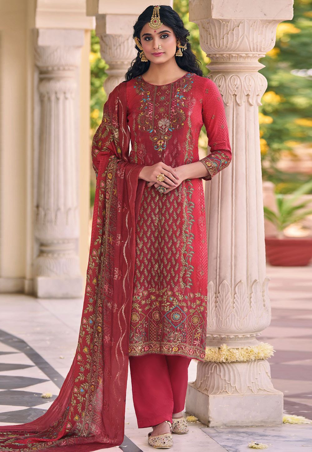 Maroon Muslin Pant Style Suit 310736