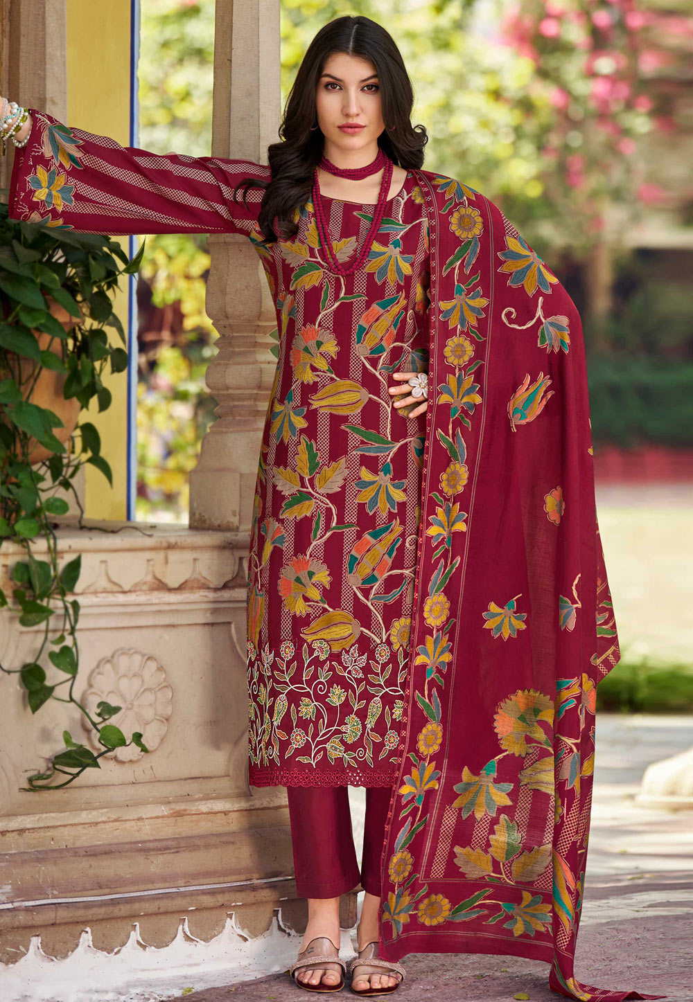Maroon Muslin Pant Style Suit 311063
