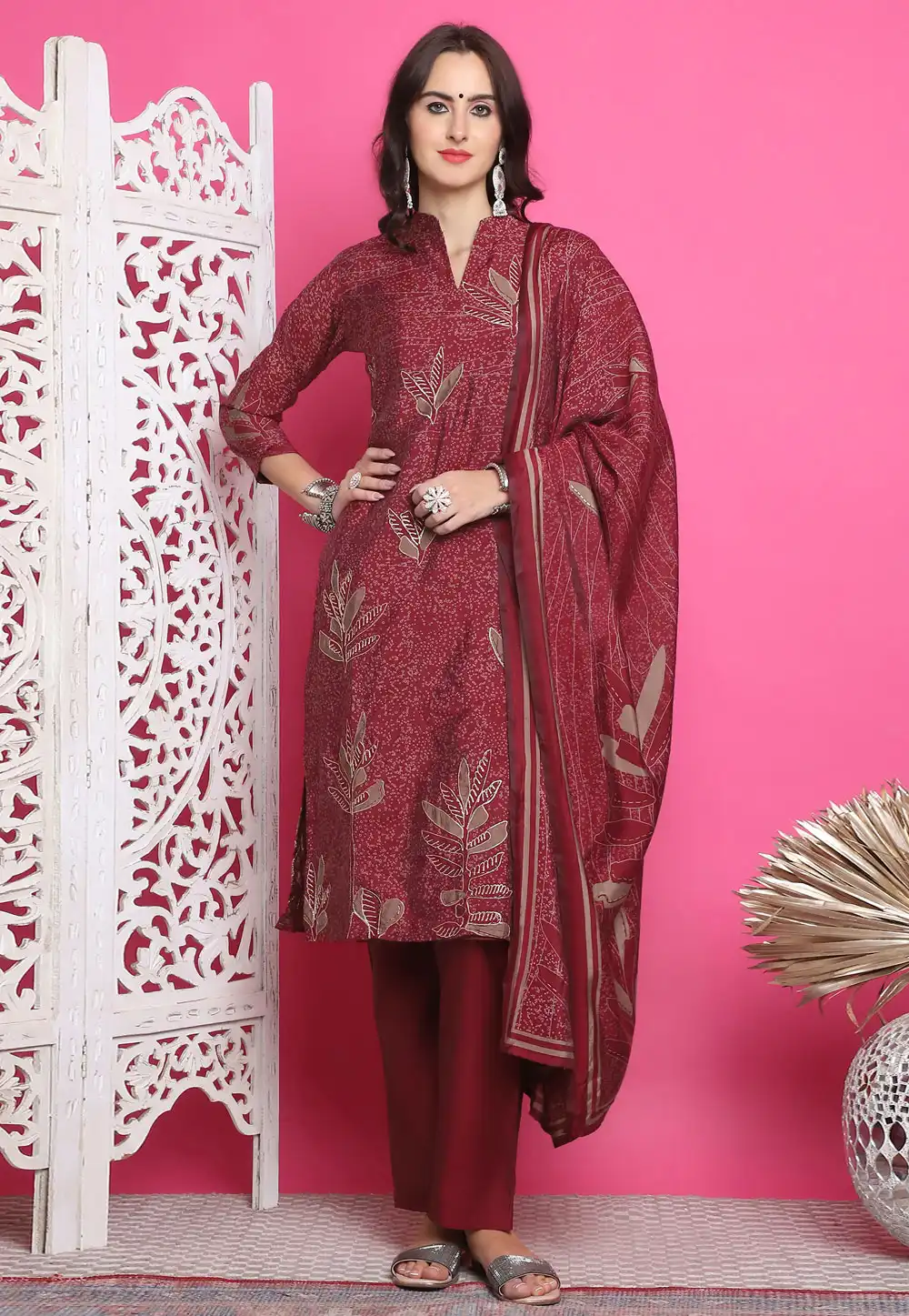 Maroon Muslin Pant Style Suit 293867