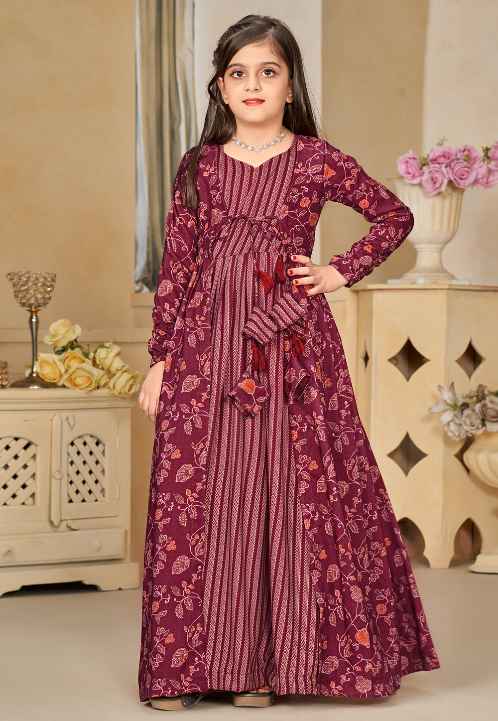 Maroon Muslin Readymade Kids Gown With Jacket 284581