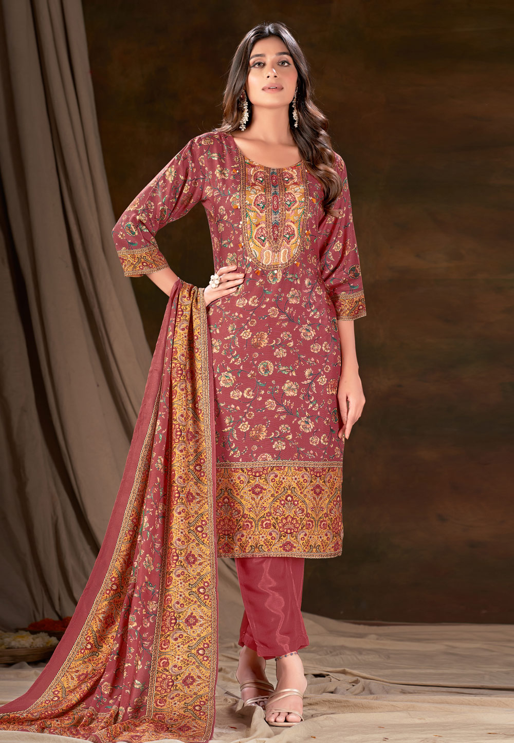 Maroon Muslin Readymade Pant Style Suit 281873