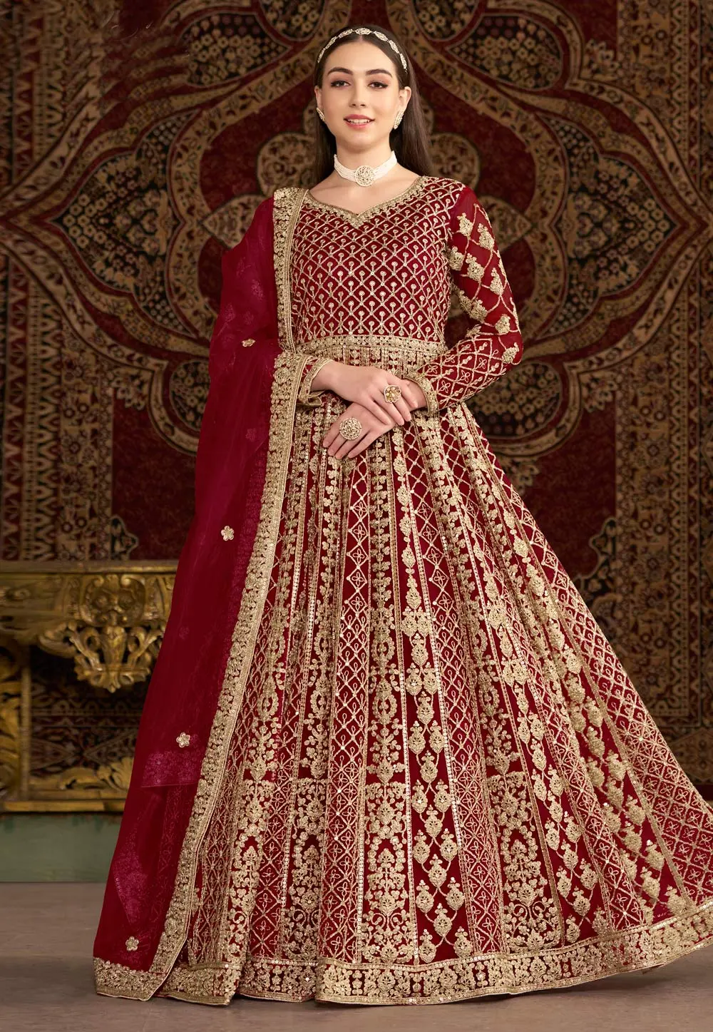 Maroon Net Embroidered Anarkali Suit 299149