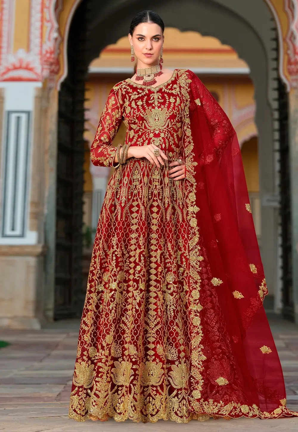 Maroon Net Embroidered Anarkali Suit 303309