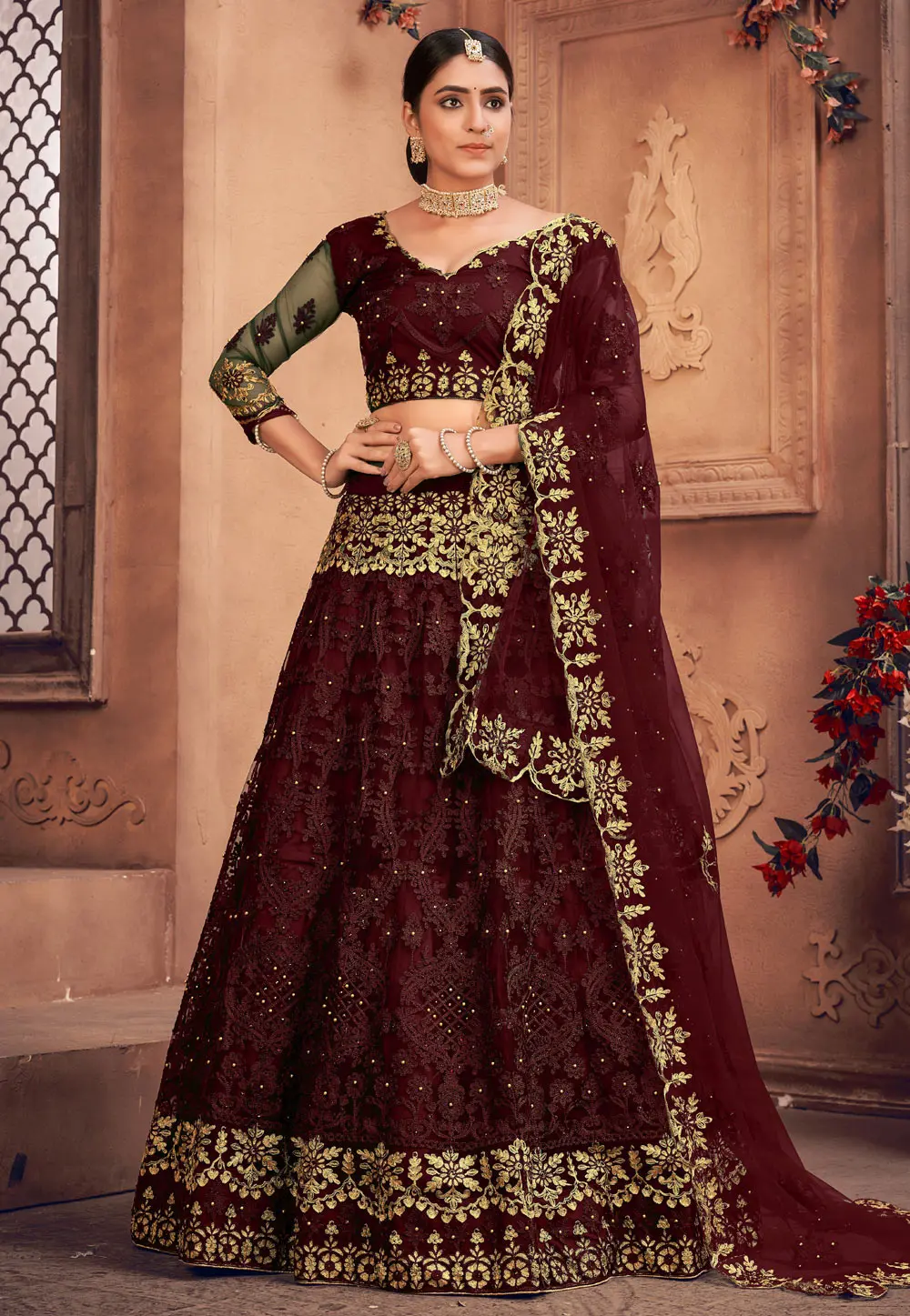 Maroon Net Lehenga Choli 303532