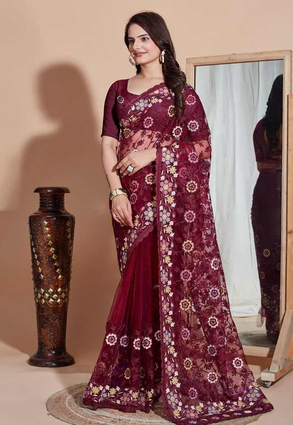 Maroon Net Saree With Blouse 281257