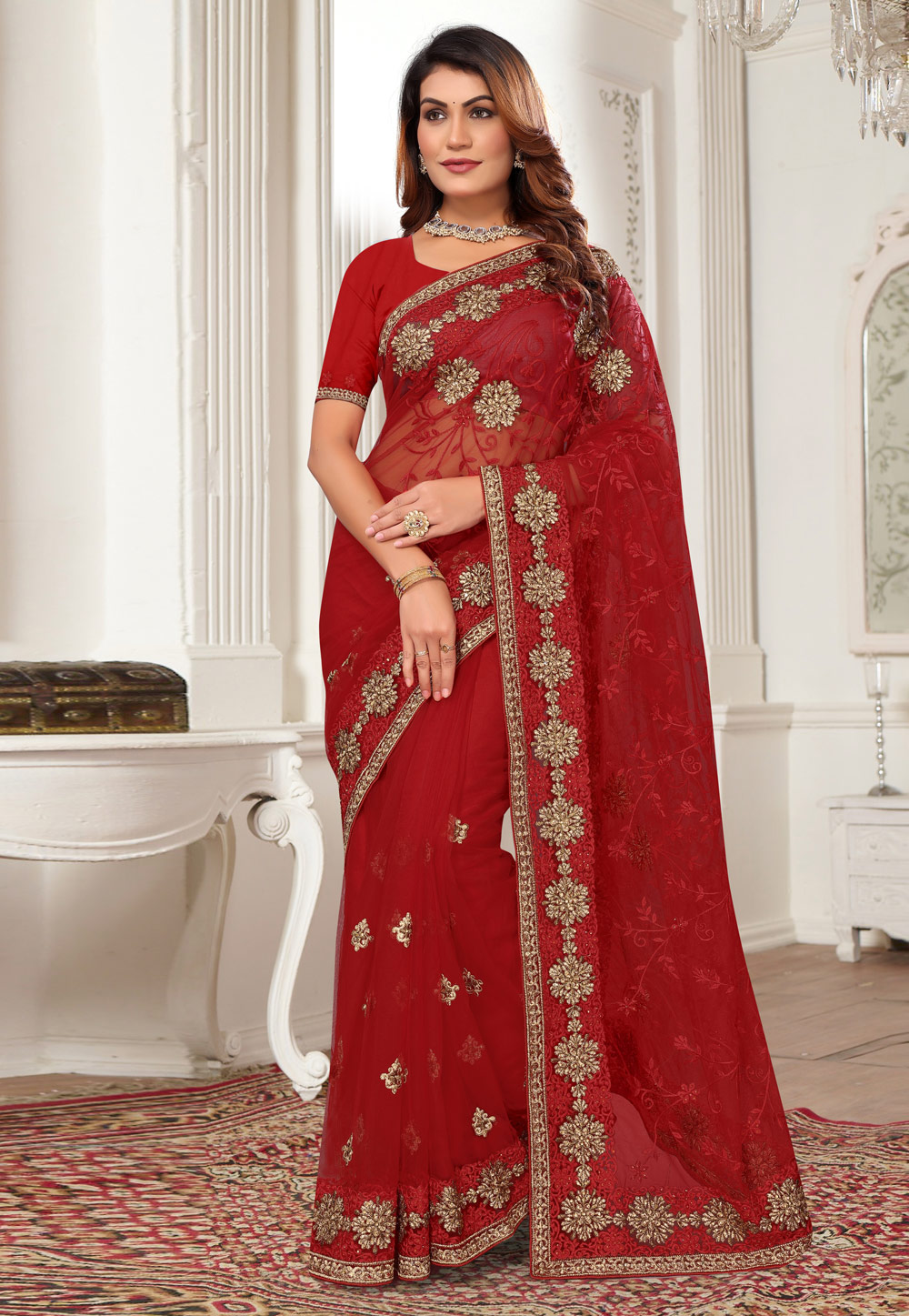 Maroon Net Saree With Blouse 287661