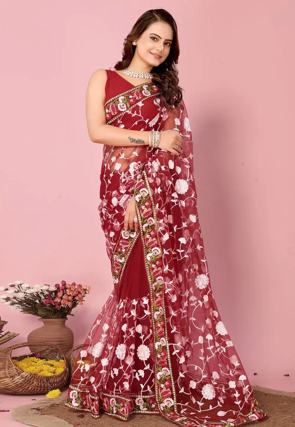 Maroon Net Saree With Blouse 289074