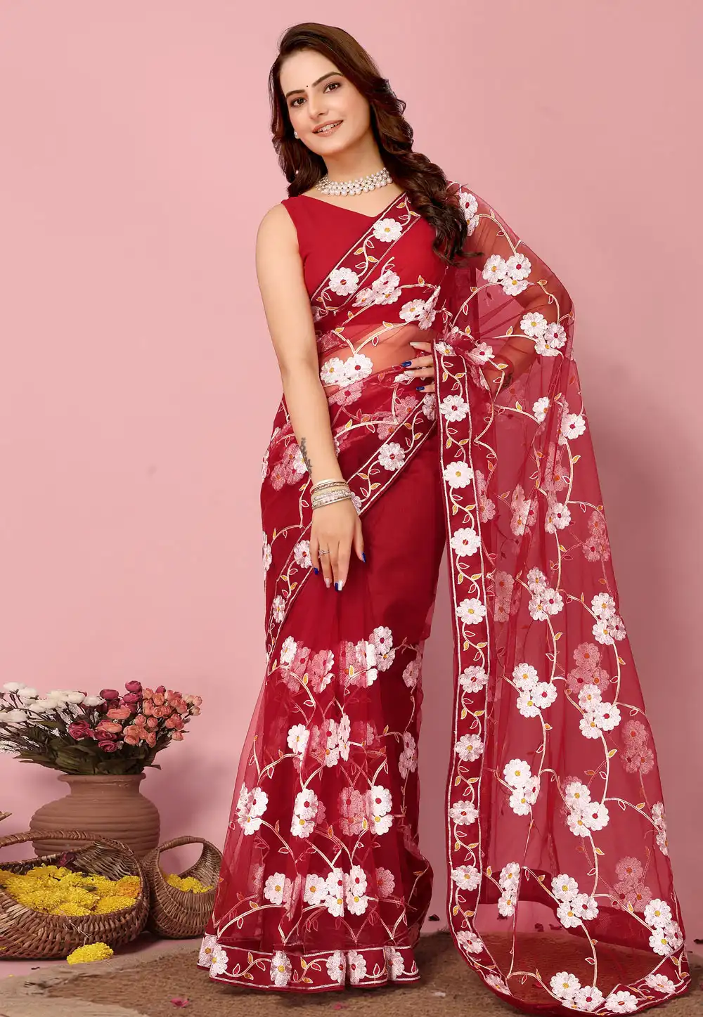 Maroon Net Saree With Blouse 289962