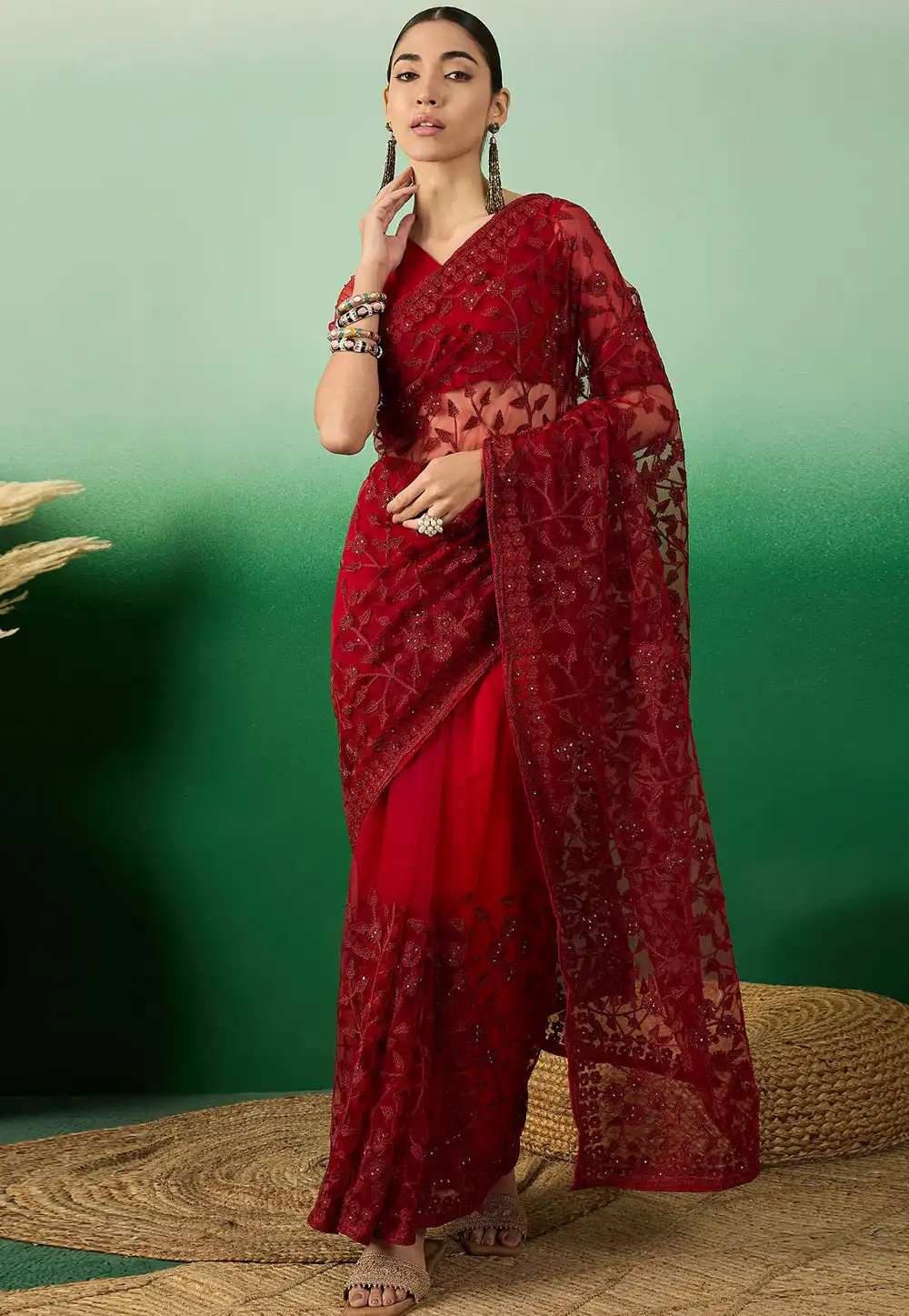 Maroon Net Saree With Blouse 289765