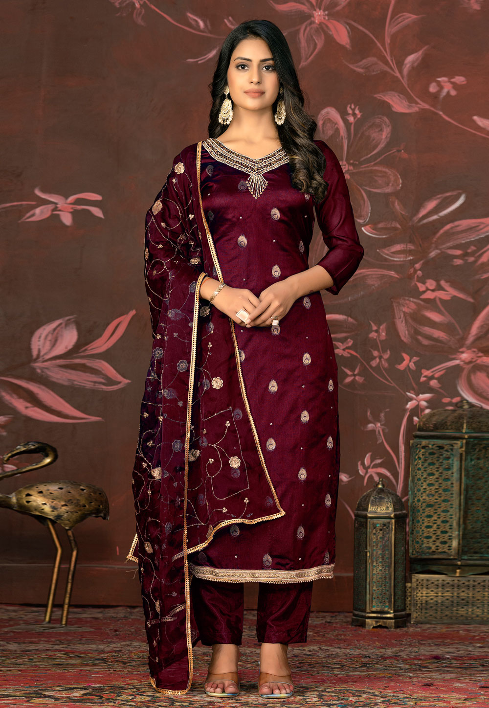 Maroon Organza Pant Style Suit 281227