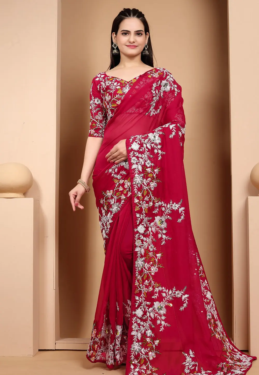 Maroon Organza Saree With Blouse 301787