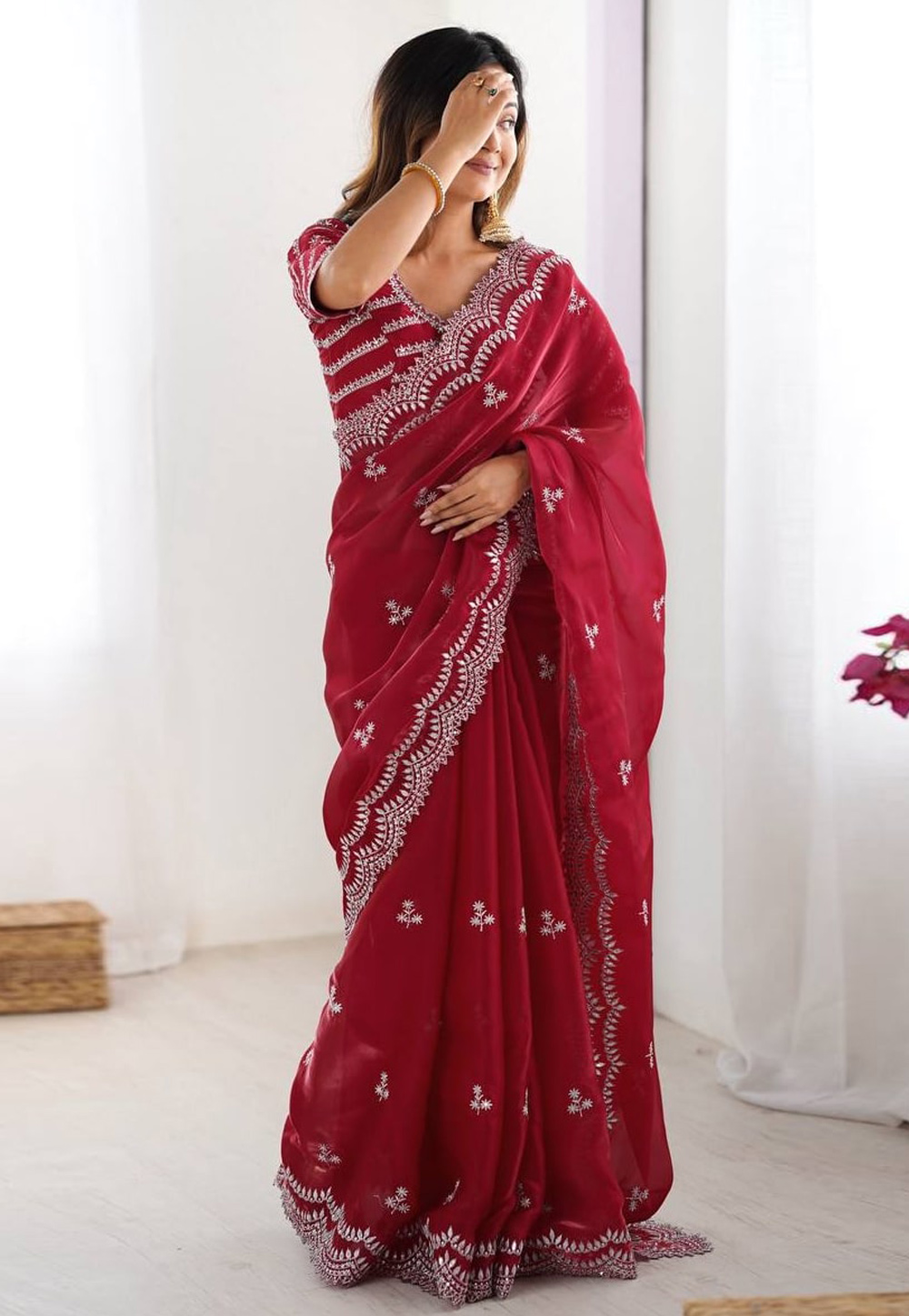 Maroon Organza Saree With Blouse 310834