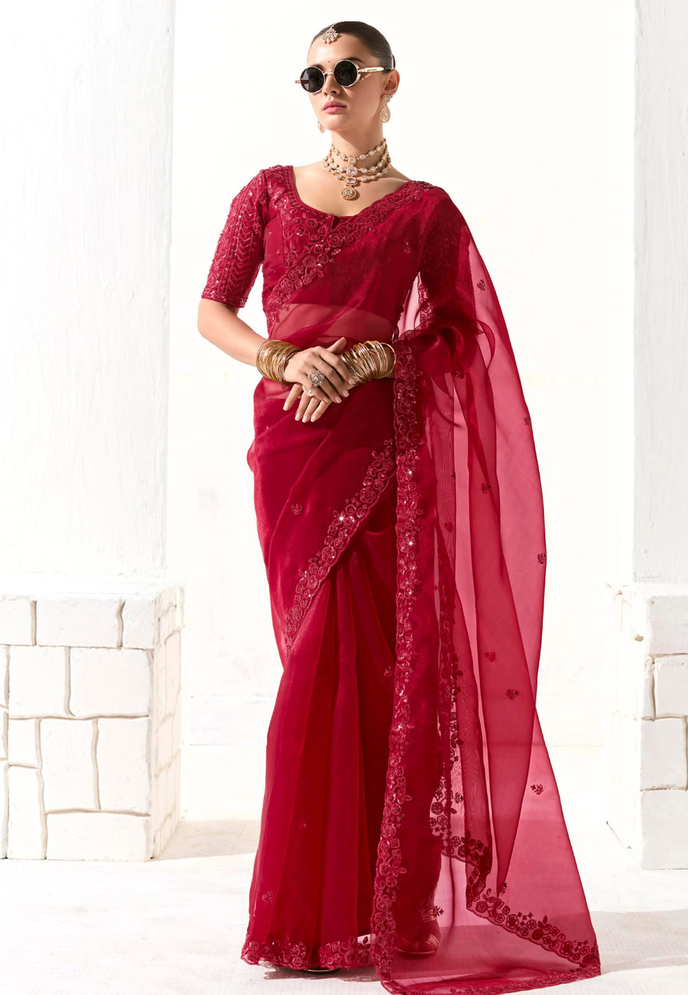 Maroon Organza Saree With Blouse 309449