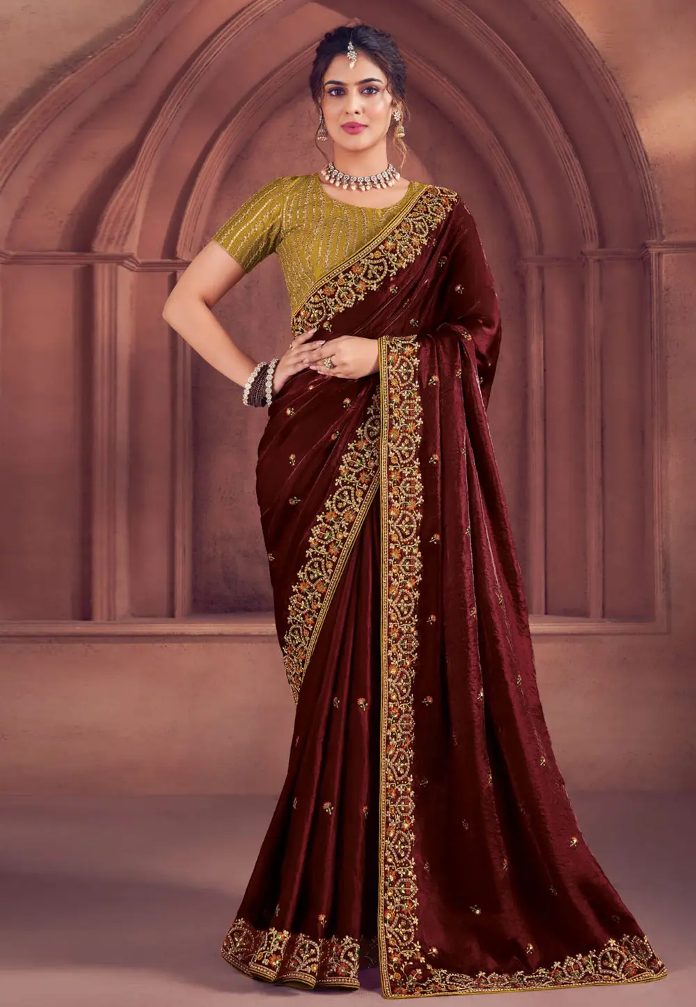 Maroon Organza Saree With Blouse 301754