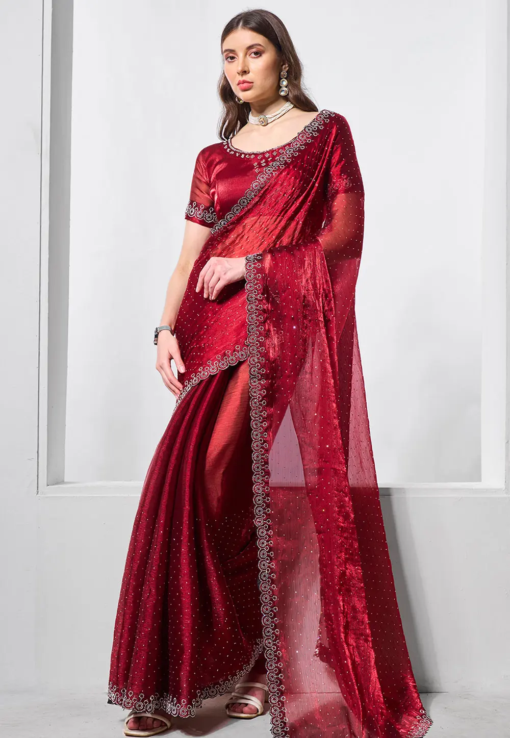 Maroon Organza Saree With Blouse 299049