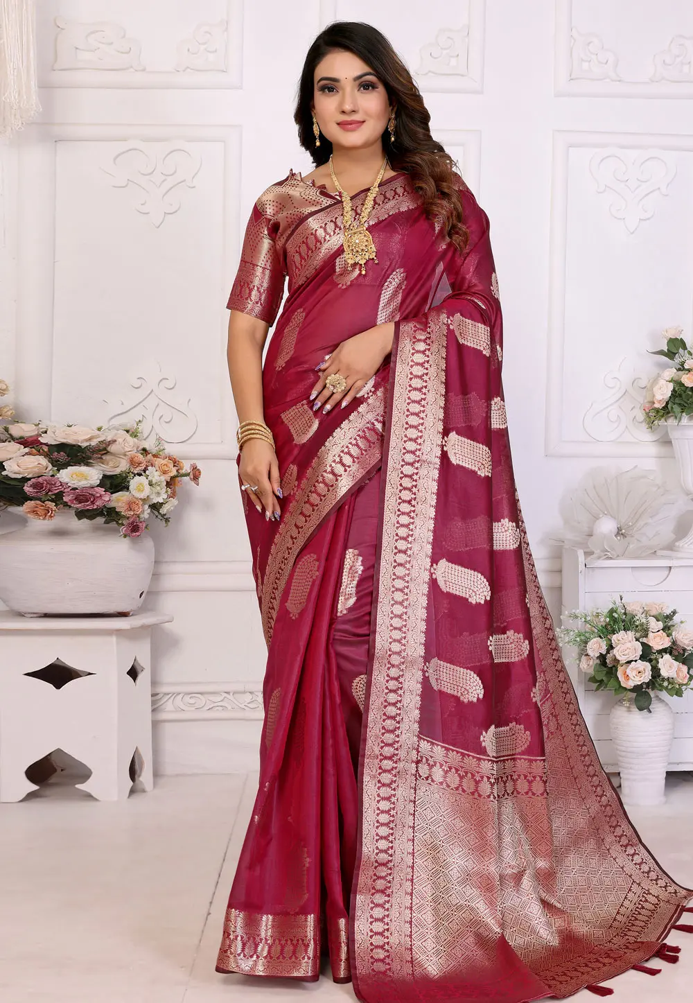 Maroon Organza Saree With Blouse 304393