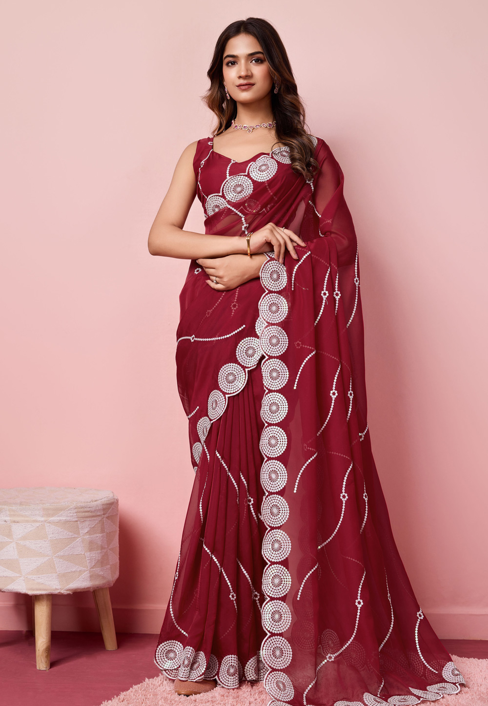 Maroon Organza Saree With Blouse 287767