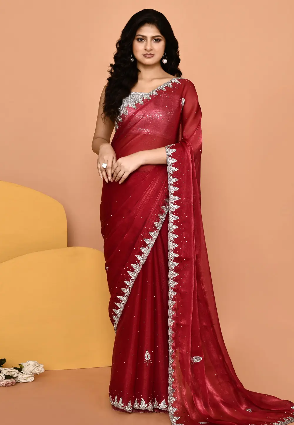 Maroon Organza Saree With Blouse 296032