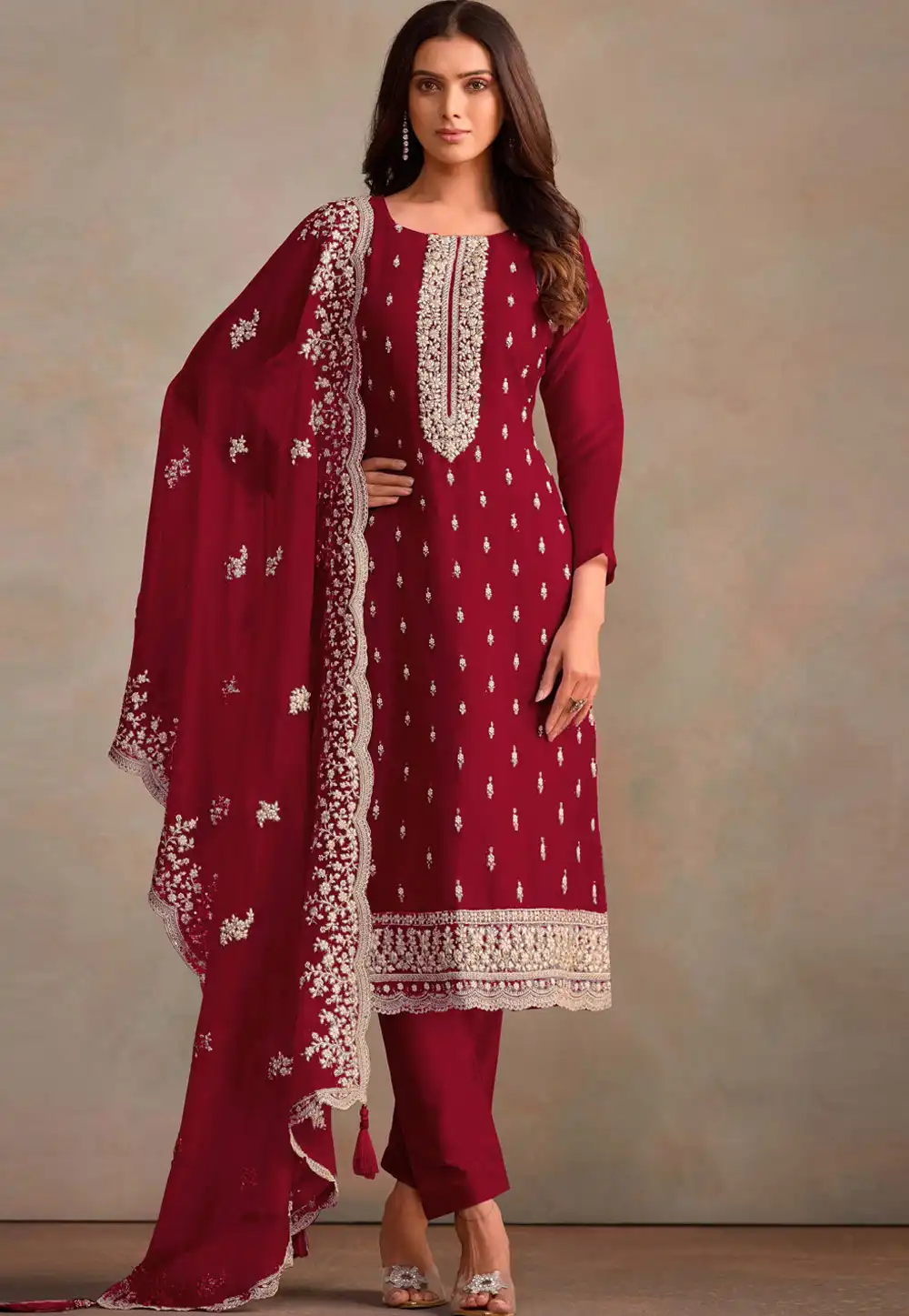 Maroon Organza Straight Suit 295143